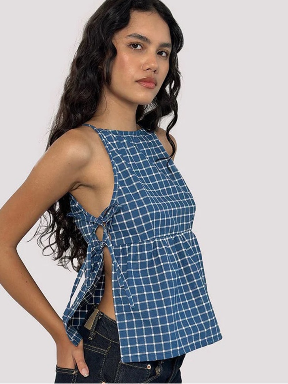 Velvet Moon blue and black gingham peplum halter top high square neck medium